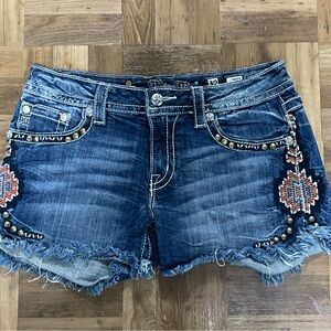 Miss Me Dark Blue Embroidered Studded Denim Shorts